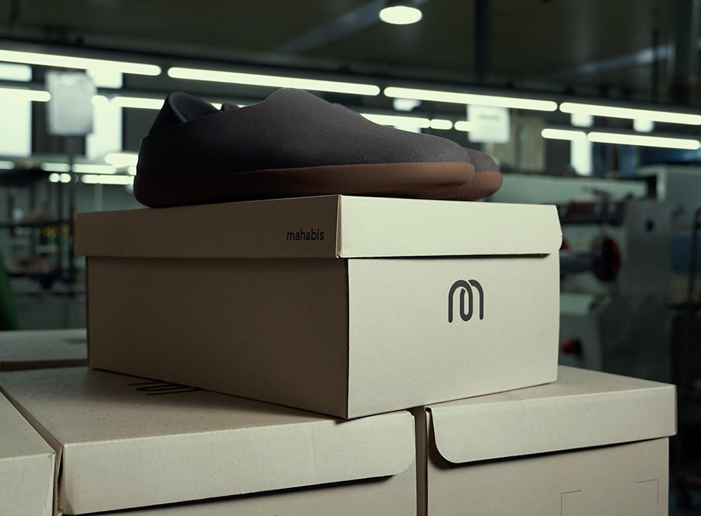 In 2020 we completely redesigned the boxes we use. we created something that is beautifully designed, recycled, recyclable and uses 30% less materials than our previous packaging.  Recycled FSC certified The mahabis box is engineered using 100% recyclable FSC certified cardboard.  Recyclable As award-winning designers for footwear innovation, we're changing how we create. The mahabis box is 100% recyclable ensuring its impact is as low as we can go right now.  No plastic/ no glue Formed using zero glue and zero chemicals, the mahabis box provides an intelligent approach to designing thoughtful packaging for our new world.